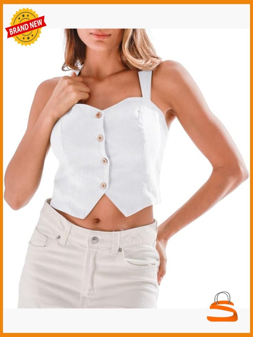 100% Linen Button Down Back Cross Crop Top Sleeveless Blouse